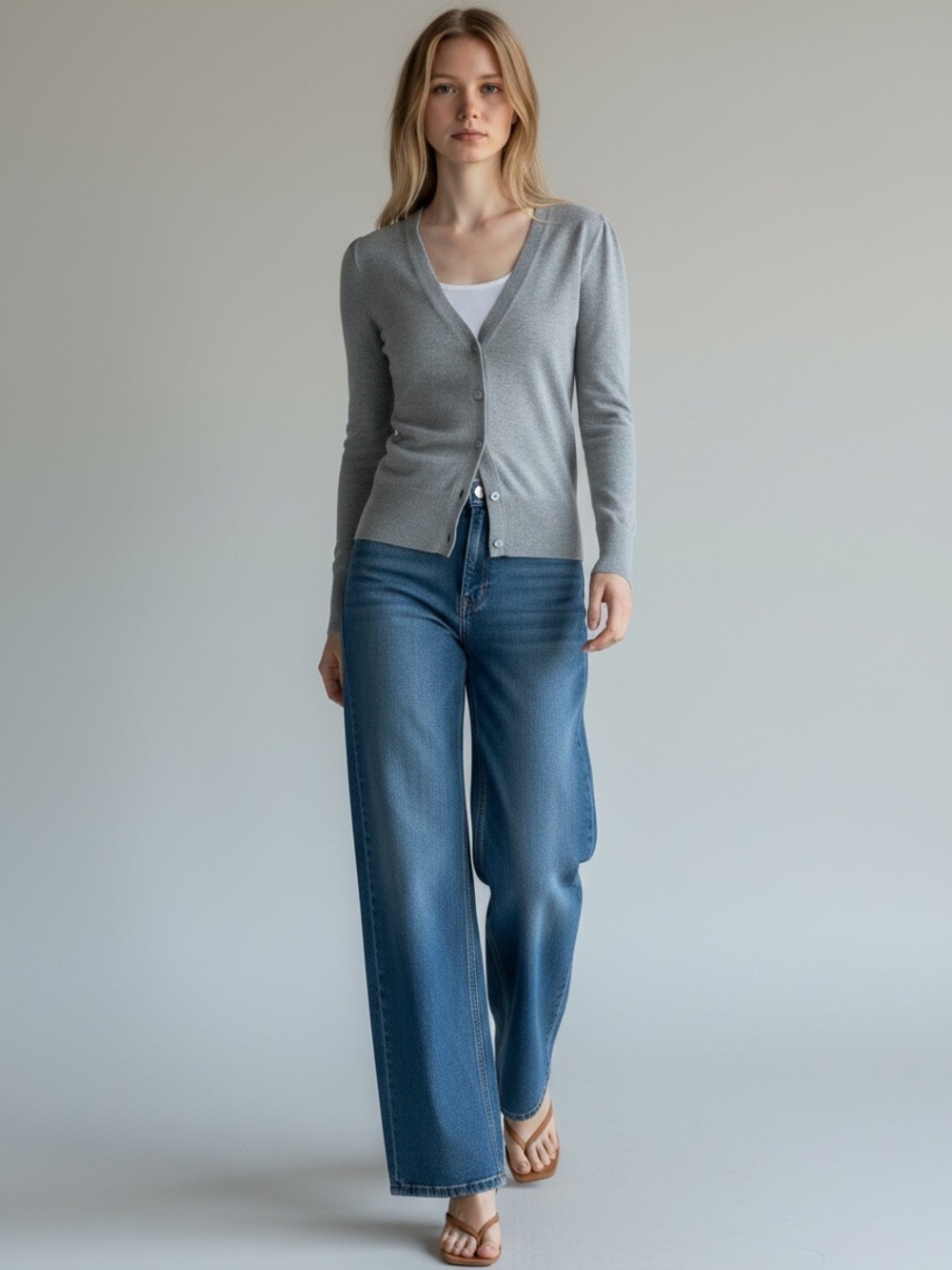 Ricki’s Grey Cardigan Sweater Thin Knit V Neck Button Front Size Small